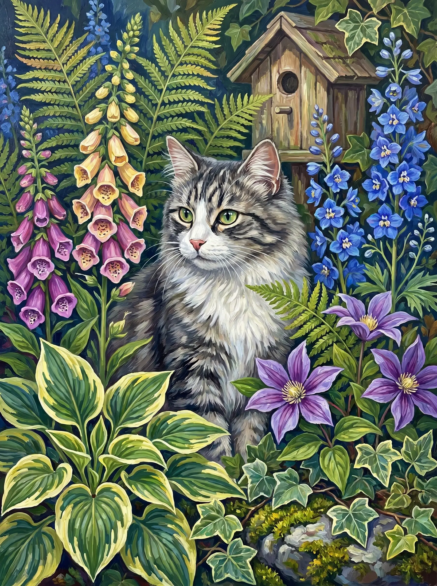 Tabby Cat Foxglove Birdhouse Garden (Diamond Painting)