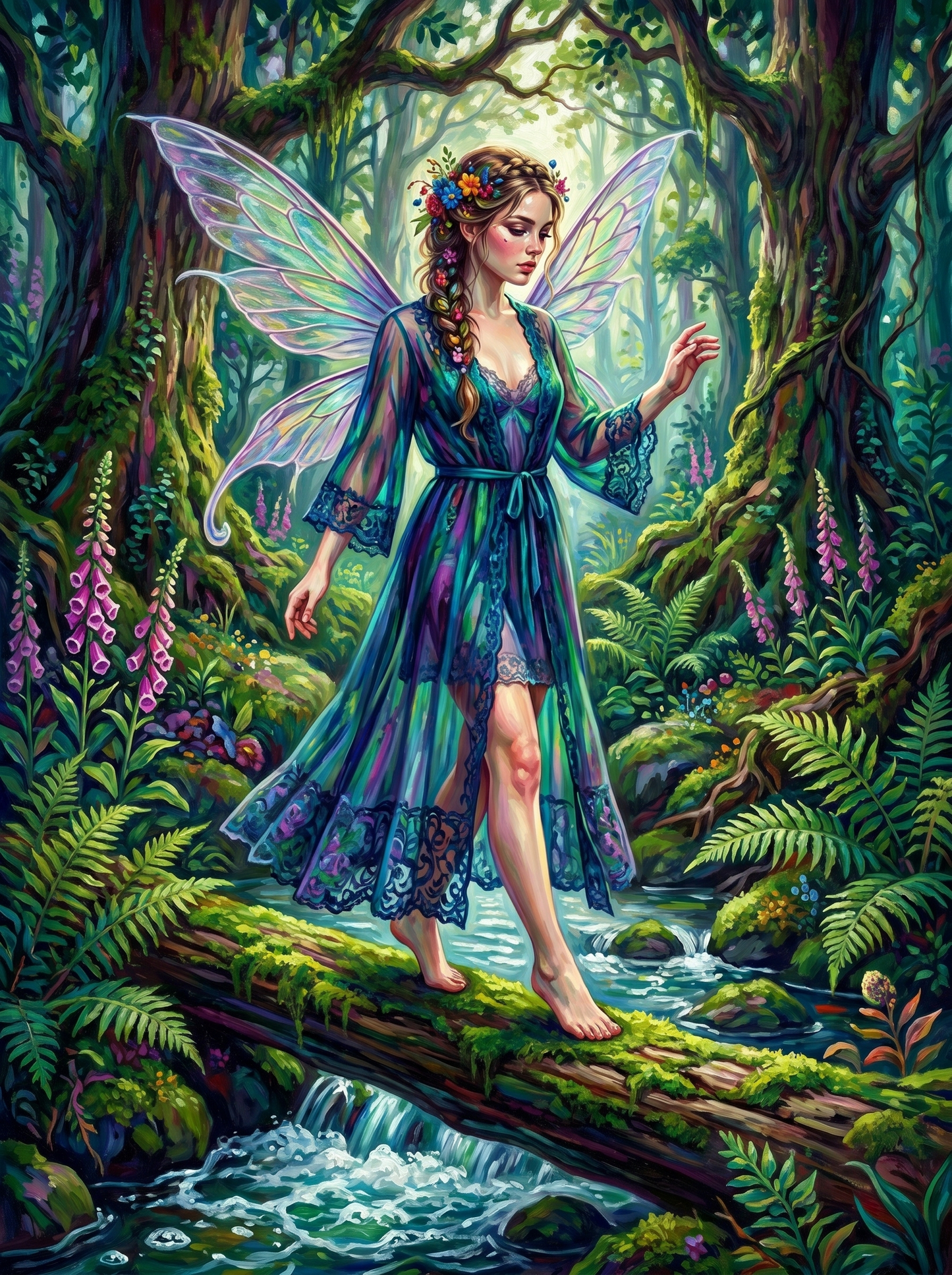 Teal Gown Fairy Mossy Log (150 Color Diamond Painting)