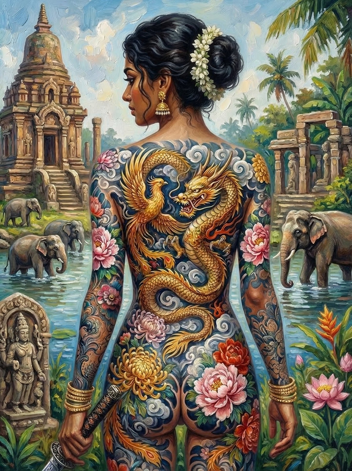 Temple Tattoo Elephant River (100 Color Diamond Painting)