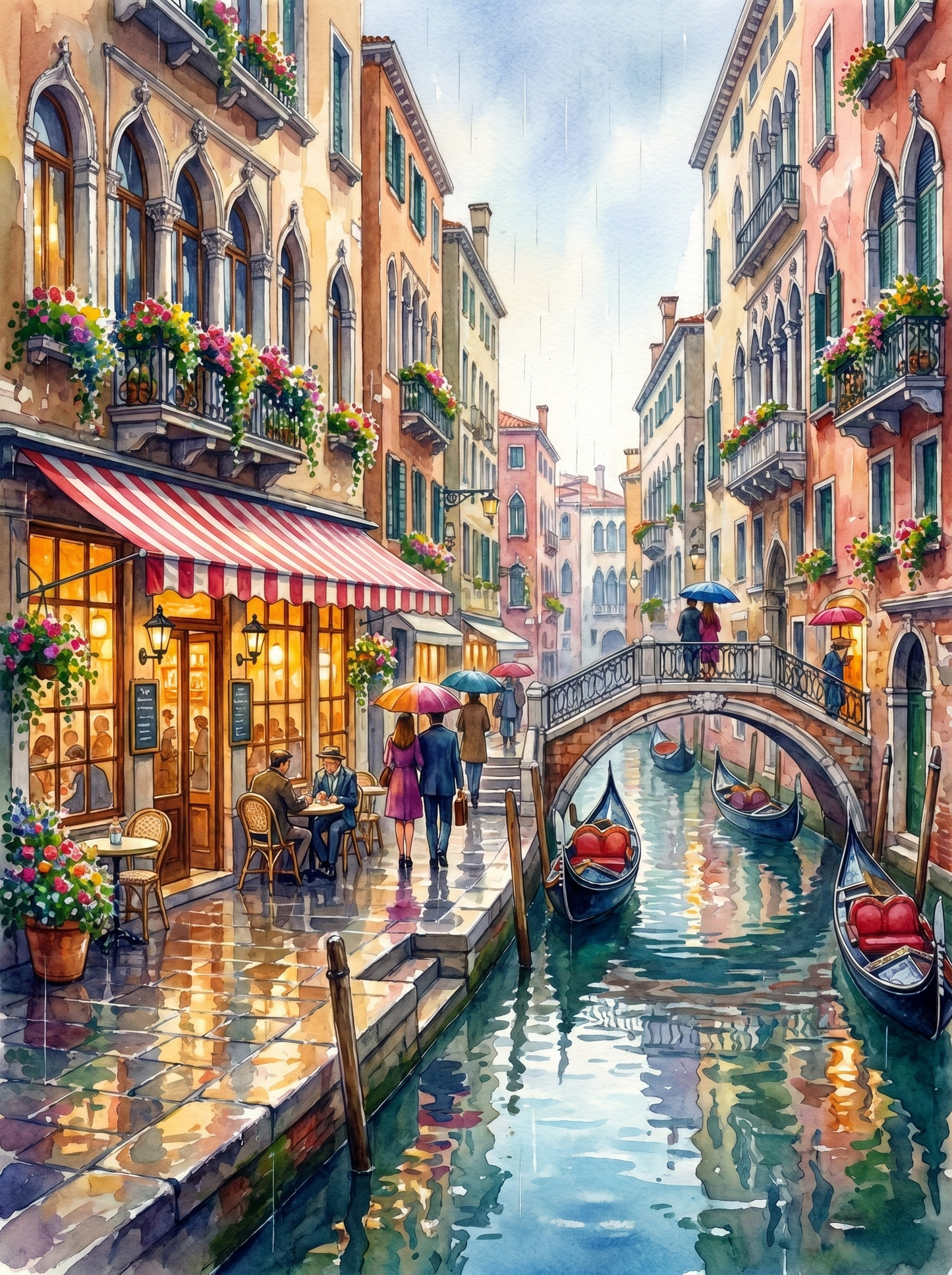 Venice Rainy Cafe Canal Watercolor (150 Color Diamond Painting)
