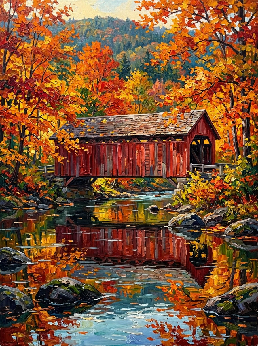 Vermont Covered Bridge Autumn (150 Color Diamond Painting)