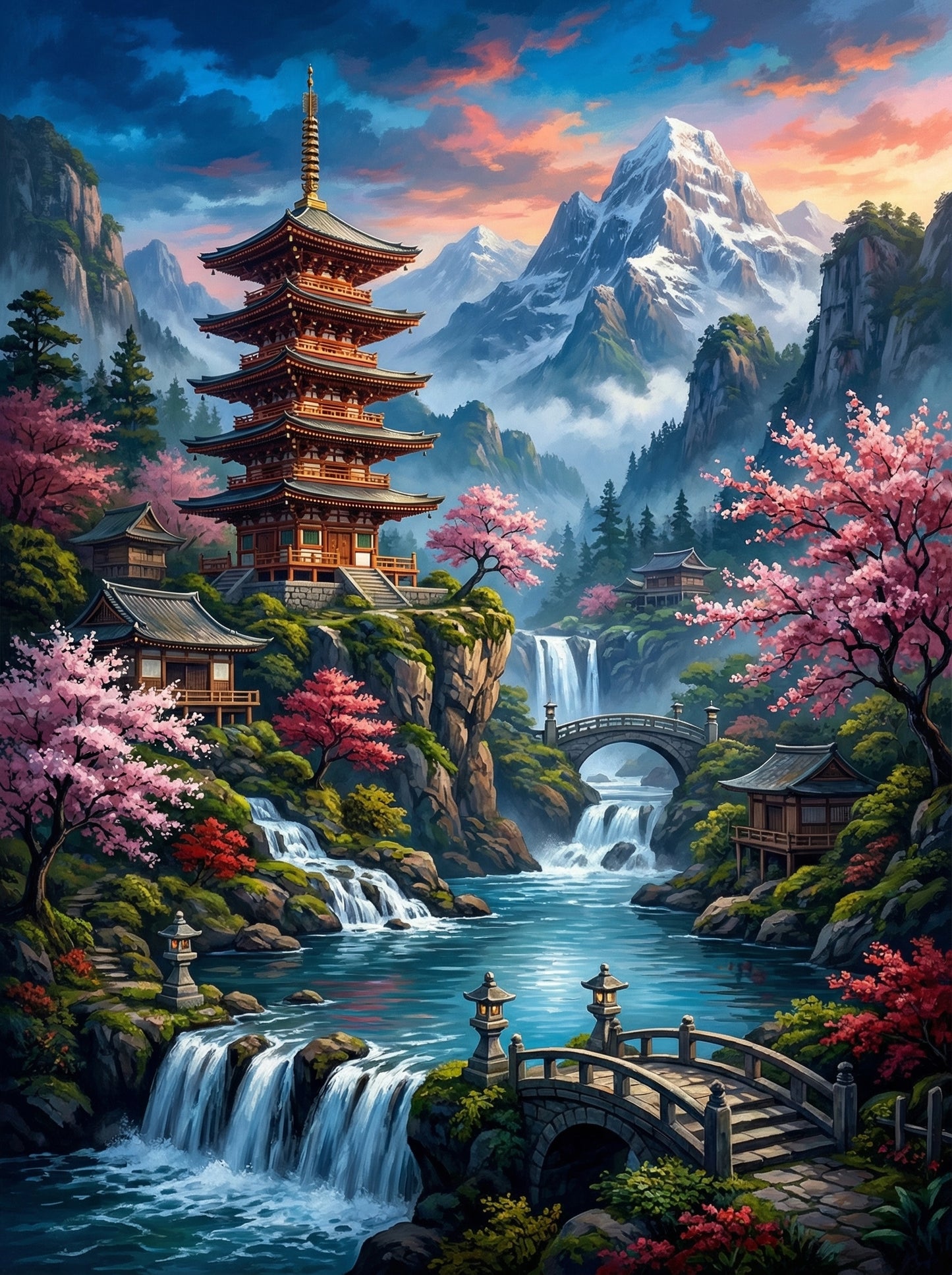 Waterfall Pagoda Valley (100 Color Diamond Painting) Diamond Painting kit