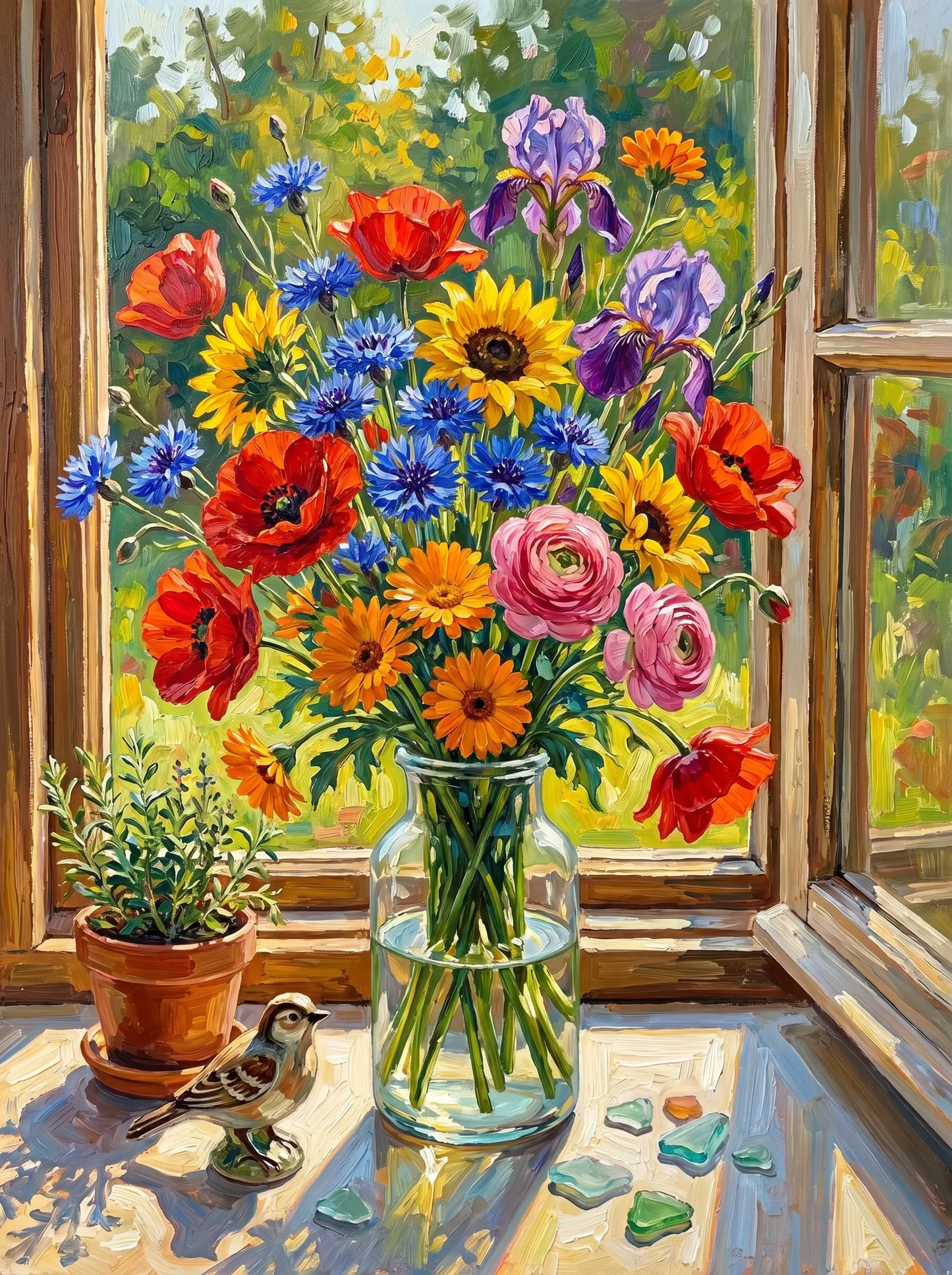 Wildflower Jar Window Bird (Diamond Painting)