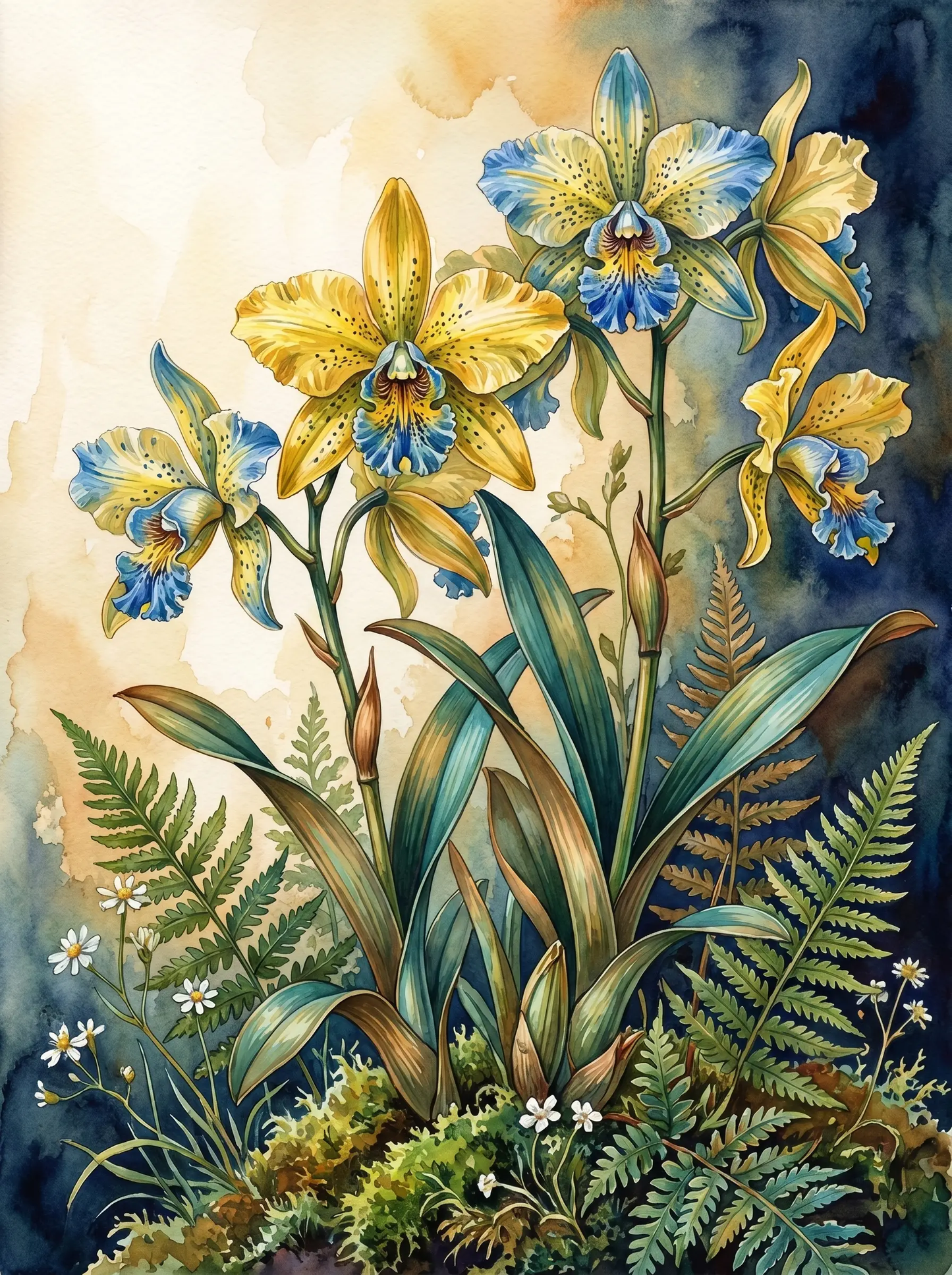 Yellow Orchid Fern Watercolor (Diamond Painting)