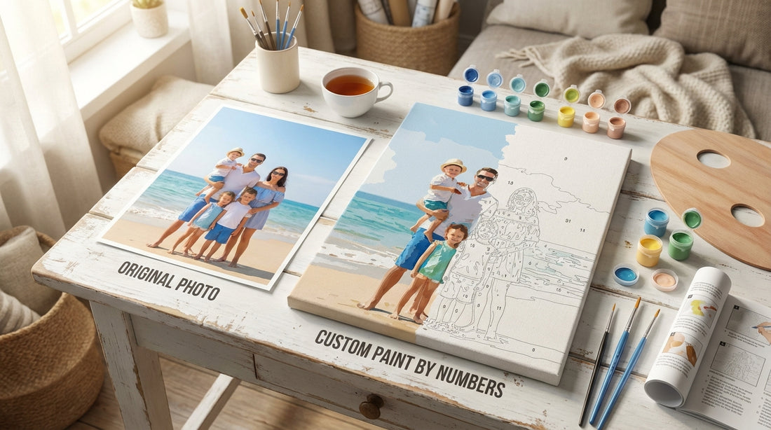 Custom paint by numbers kit showing photo to painting transformation