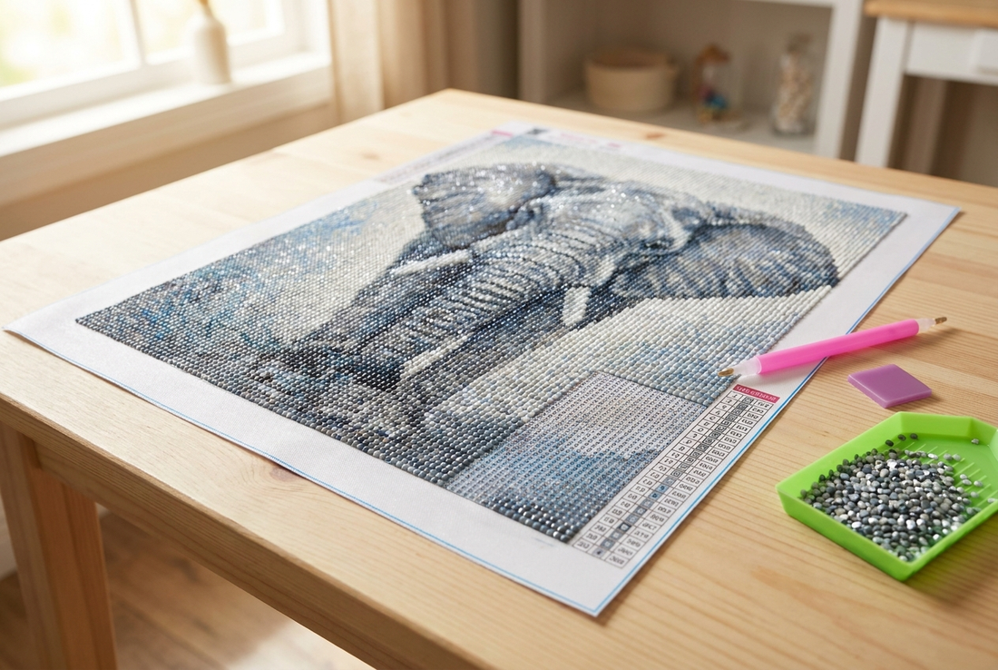 Nearly finished elephant diamond painting on canvas with applicator pen, wax pad and drill tray