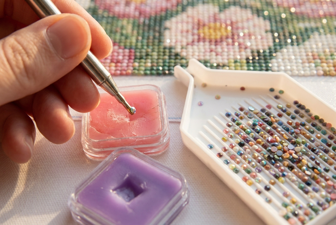 Diamond painting pen picking up a drill from pink wax pad beside sorting tray