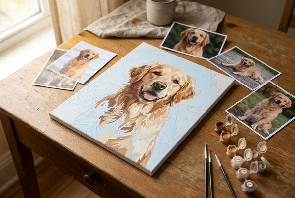 Printed dog photos beside a custom paint by numbers canvas with numbered paint pots and brushes