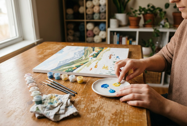 Hands mixing acrylic paint on a palette beside a paint by numbers canvas — colour mixing tips