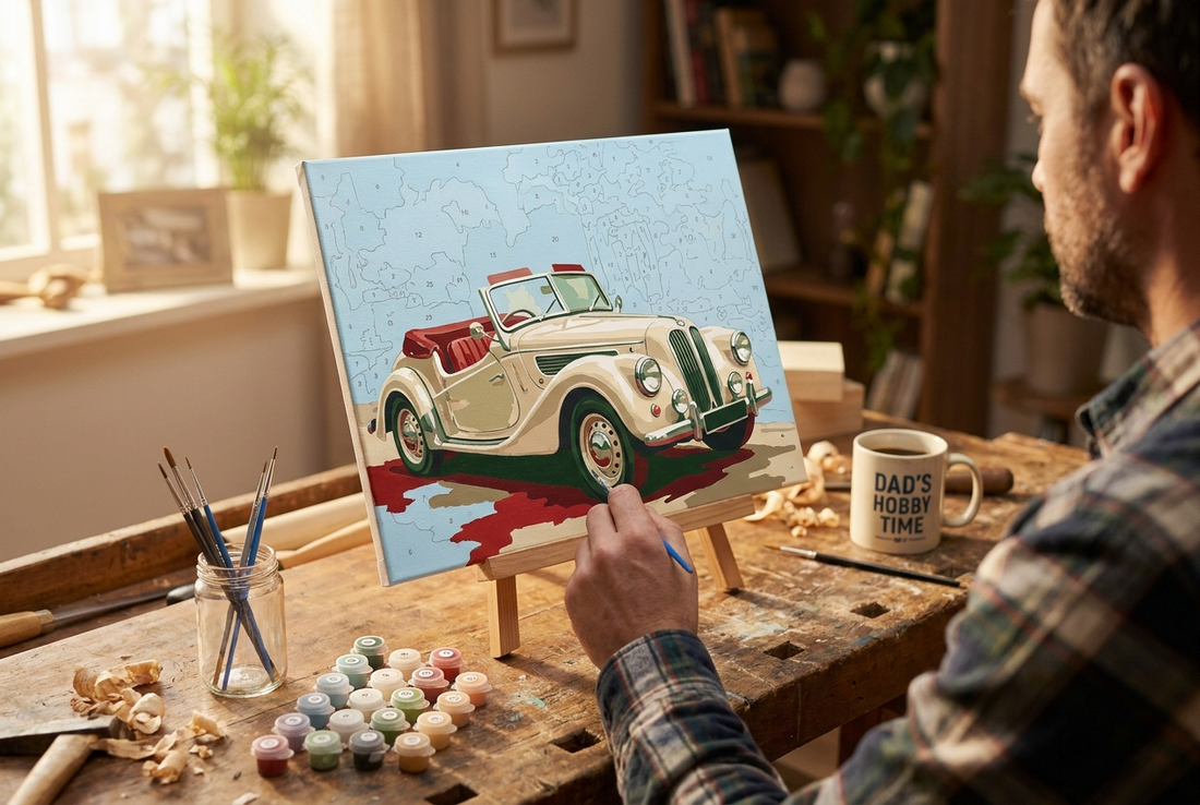 Father's Day paint by numbers canvas of a classic car being painted at a craft table