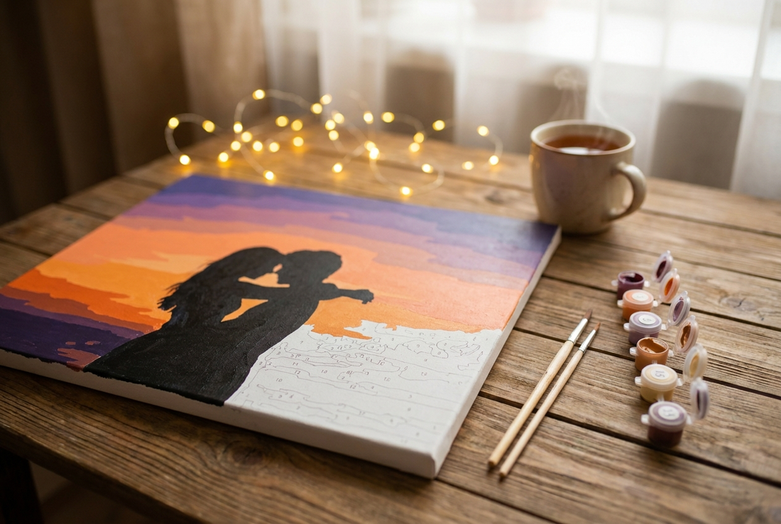 Couples paint by numbers canvas of a silhouetted pair at sunset with brushes and paint pots