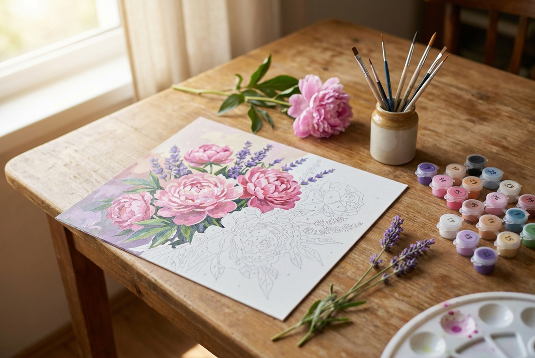 Paint by numbers flowers canvas of pink peonies with brushes and numbered paint pots