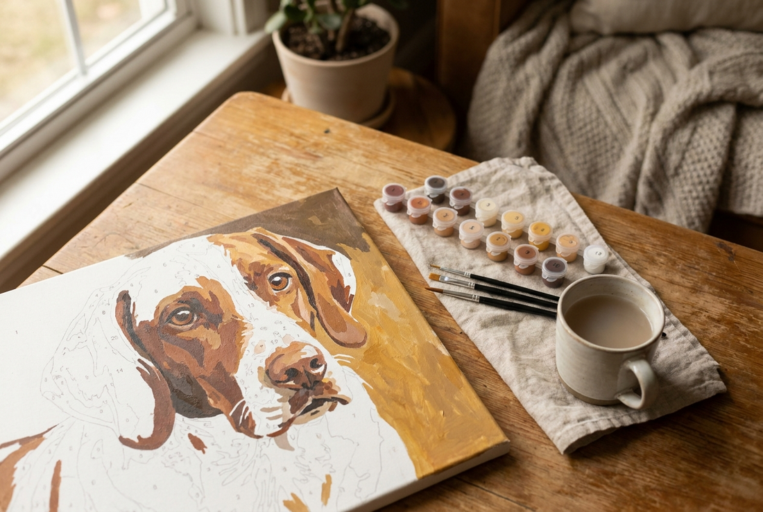 Customised paint by numbers kit flat-lay with partially painted canvas, paint pots and brushes