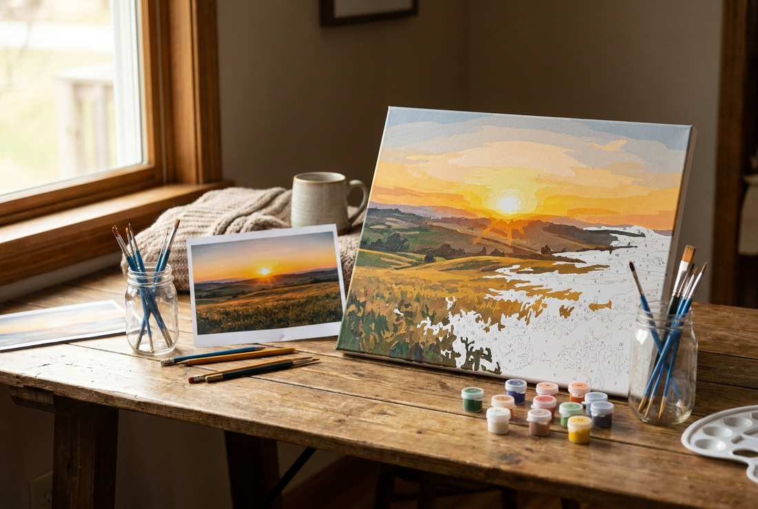 Designing a customised paint by numbers masterpiece with reference photo beside numbered canvas