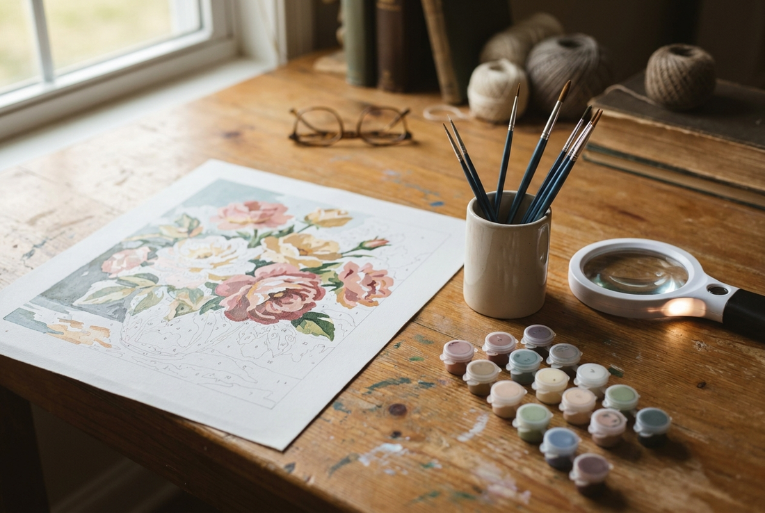 Essential customised paint by numbers tools: fine brushes, paint pots and magnifier beside canvas
