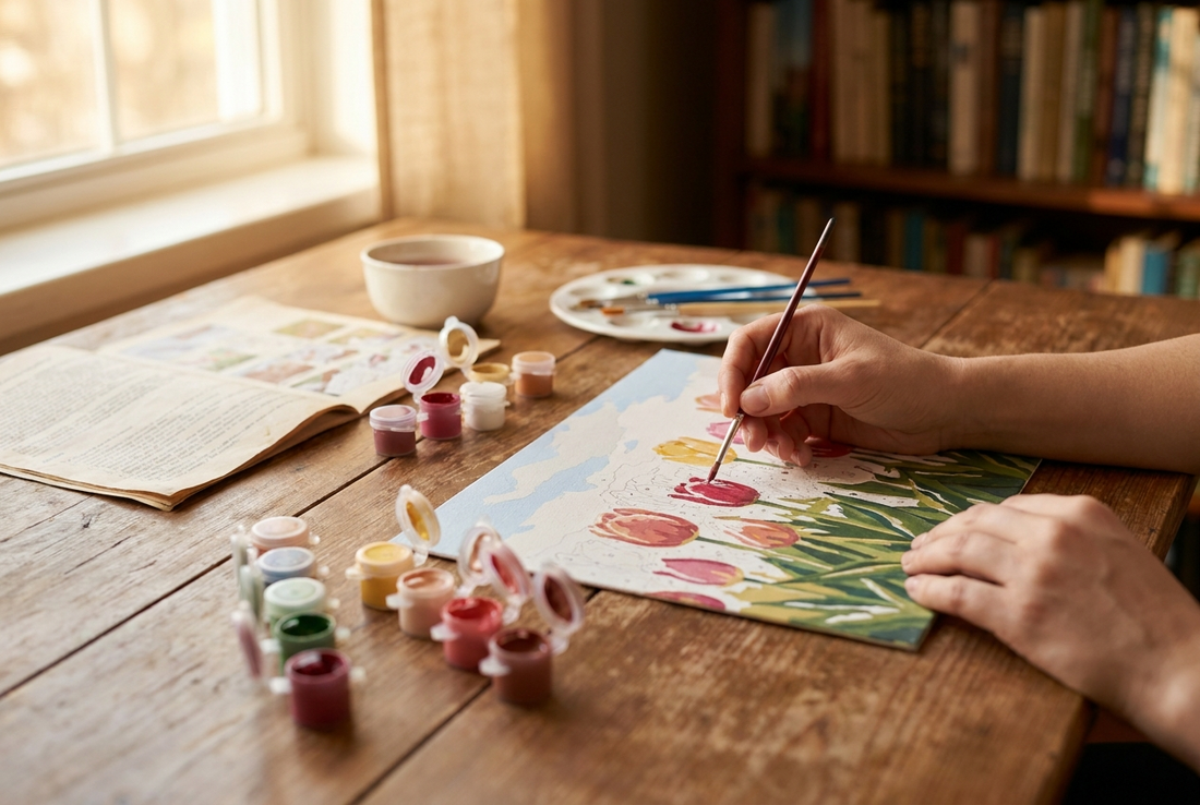 Hands showing how to do paint by numbers, filling a numbered canvas with acrylic paint