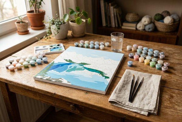 Paint by numbers for beginners kit flat-lay with canvas, numbered paint pots and brushes
