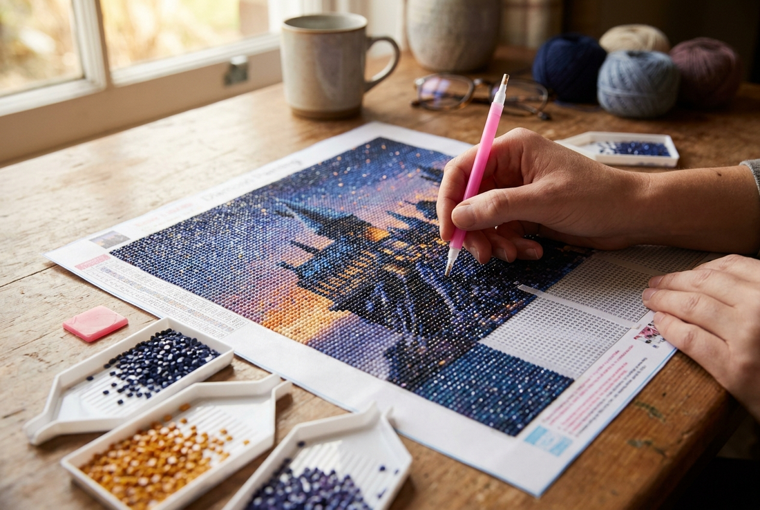 Diamond painting canvas of a magical castle for Harry Potter fans, with applicator pen