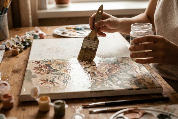 Hands sealing and varnishing a paint by numbers painting with a glossy clear coat