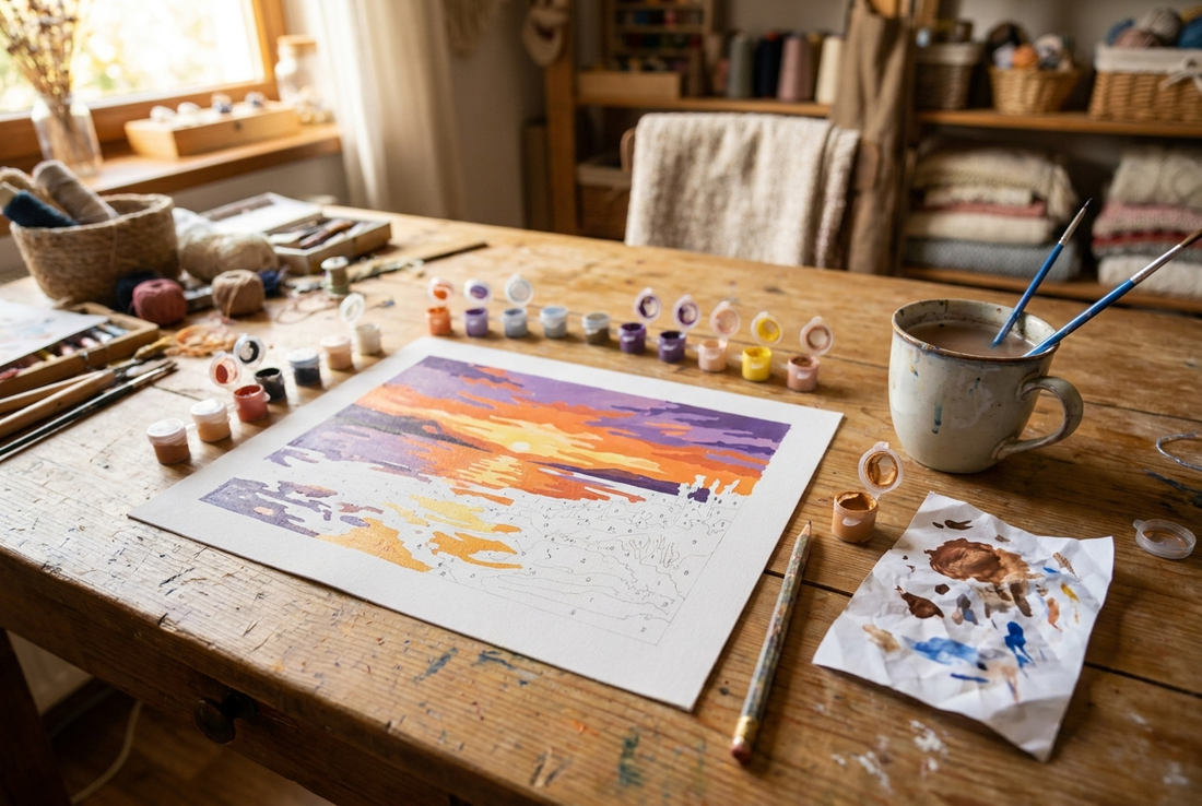 Paint by numbers mistakes to avoid: workspace with open paint pots and partially painted canvas
