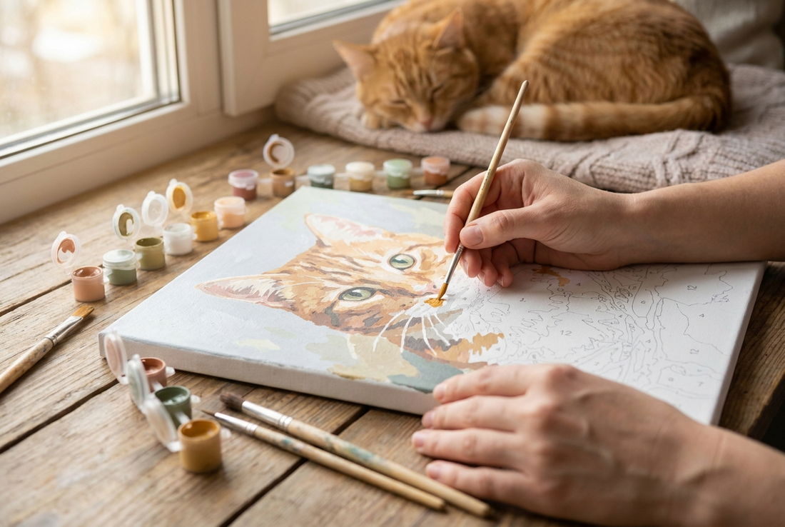 Hands painting a cat paint by numbers canvas of a ginger tabby with numbered paint pots