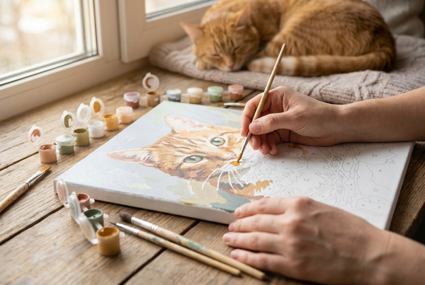 Hands painting a cat paint by numbers canvas of a ginger tabby with numbered paint pots