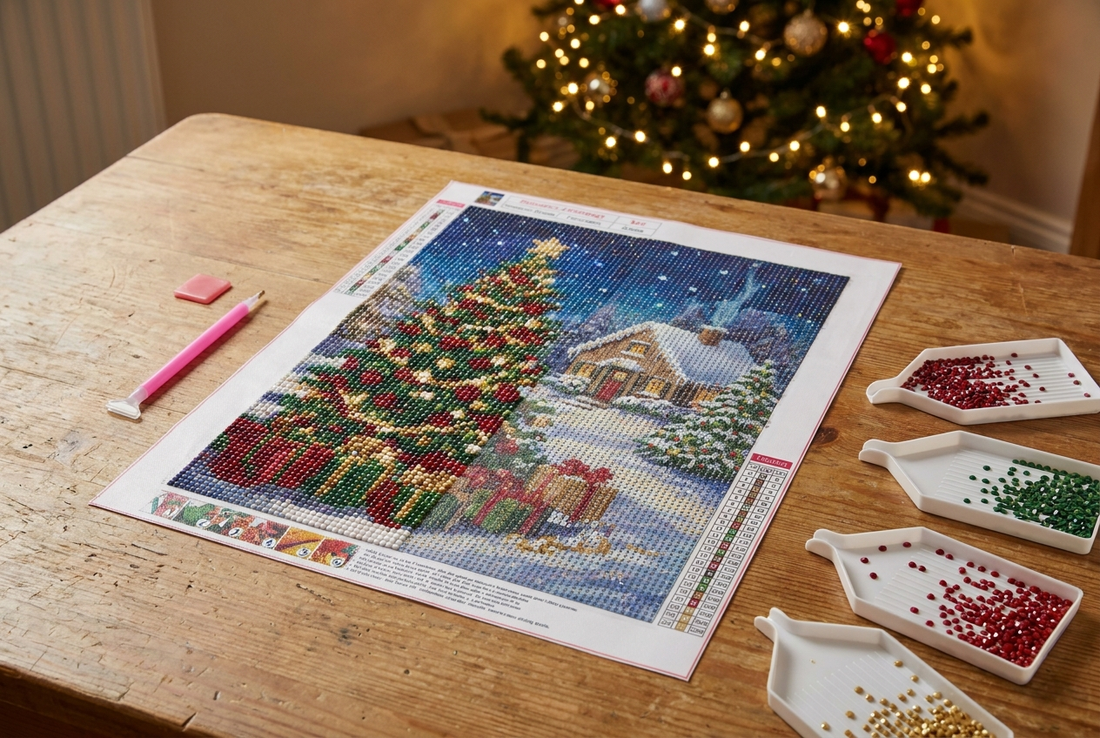 Festive Christmas diamond painting canvas with red, green and gold drills and applicator pen