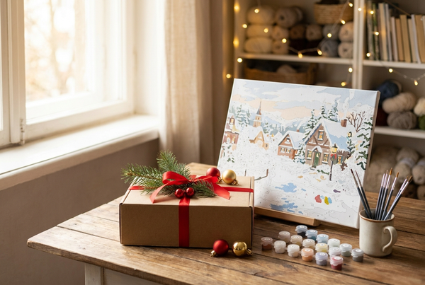 Christmas paint by numbers kit styled with gift box, ribbon and festive winter canvas