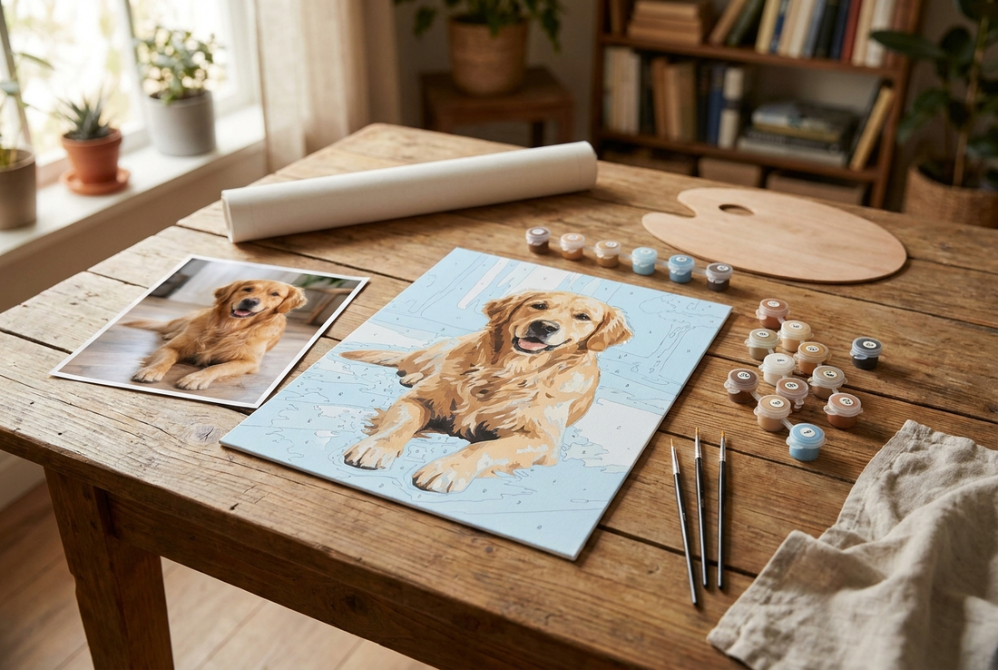 Custom paint by numbers kit showing a dog photo beside its matching numbered canvas
