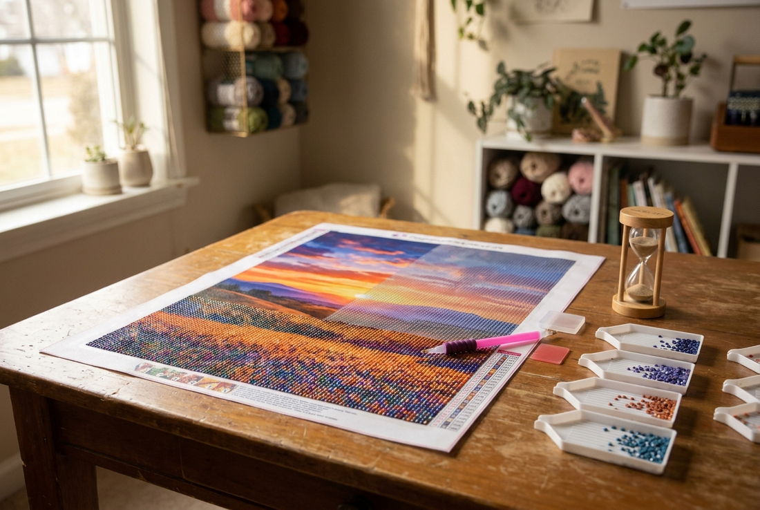 Half-finished diamond painting canvas with hourglass showing how long diamond painting takes