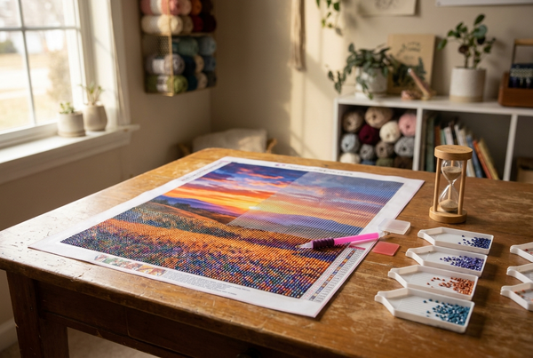 Half-finished diamond painting canvas with hourglass showing how long diamond painting takes