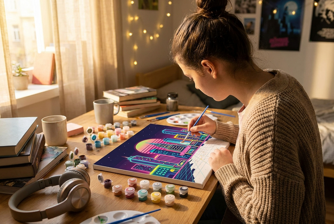 Teen painting a vibrant paint by numbers cityscape at a bedroom desk with paint pots