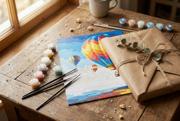 Paint by numbers gift flat-lay with canvas, paint pots, brushes and kraft wrapping