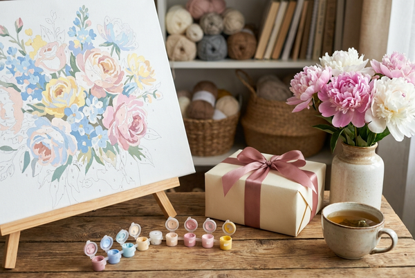 Mother's Day paint by numbers floral canvas beside wrapped gift and fresh flowers