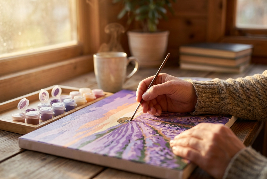 Relaxed hands painting a lavender field paint by numbers canvas — mindfulness through art