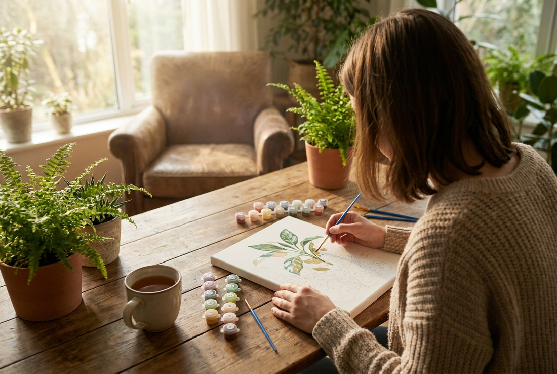 Woman painting calmly at a craft table, one of the best creative hobbies for mental health