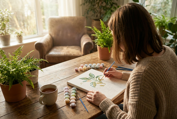 Woman painting calmly at a craft table, one of the best creative hobbies for mental health