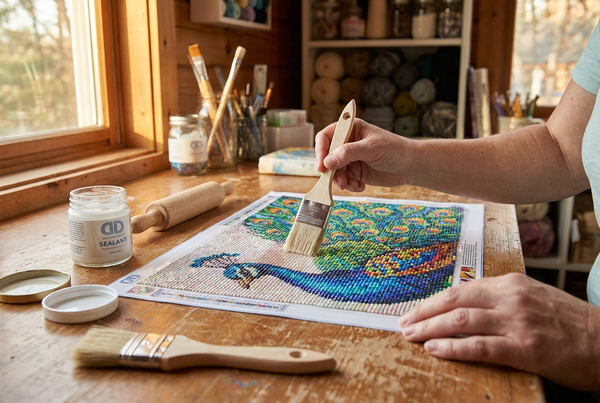 Hands sealing a finished diamond painting canvas with clear brush-on sealant