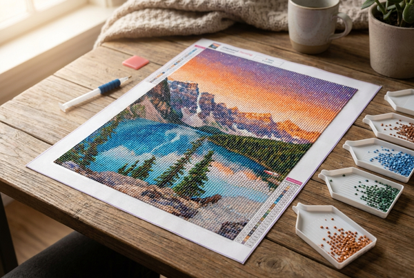 Landscape diamond painting canvas of a mountain lake with sorting trays and applicator pen