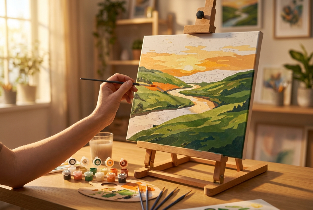 Landscape paint by numbers canvas of rolling hills and a sunset sky on an easel
