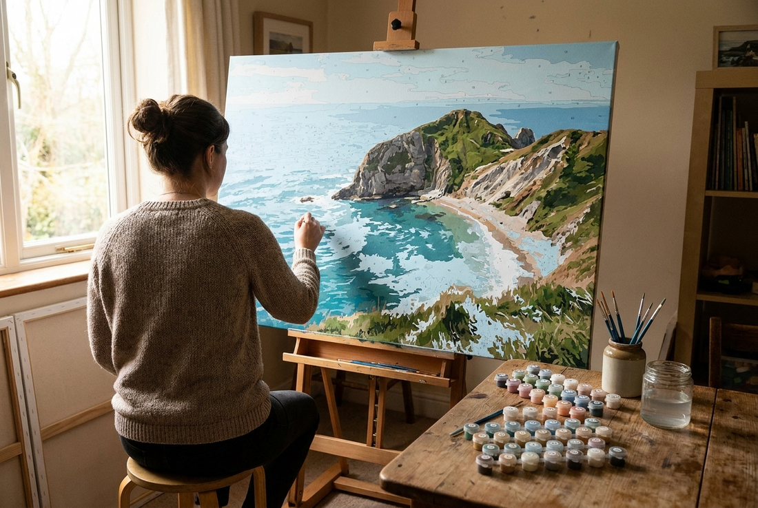 Artist working on a large canvas paint by numbers coastal scene on a standing easel