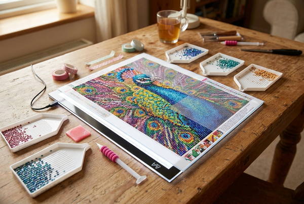 Diamond painting tips: organised workspace with light pad, sorting trays and applicator pen