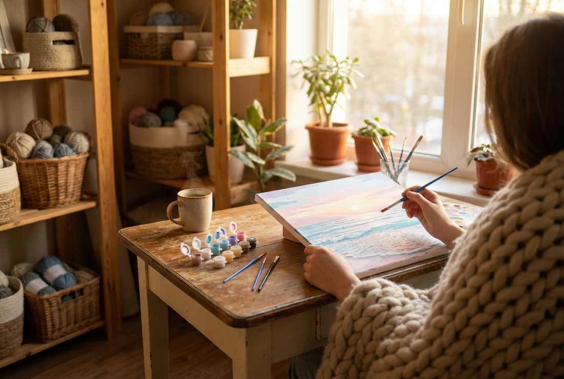 Person painting a calm canvas by the window, showing how painting can help with anxiety