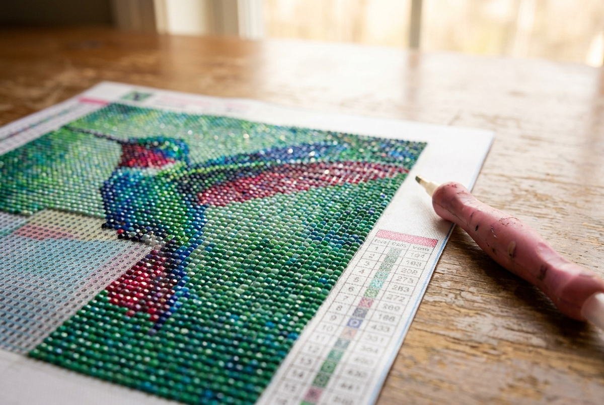 5D diamond painting close-up with faceted resin drills sparkling on a hummingbird canvas