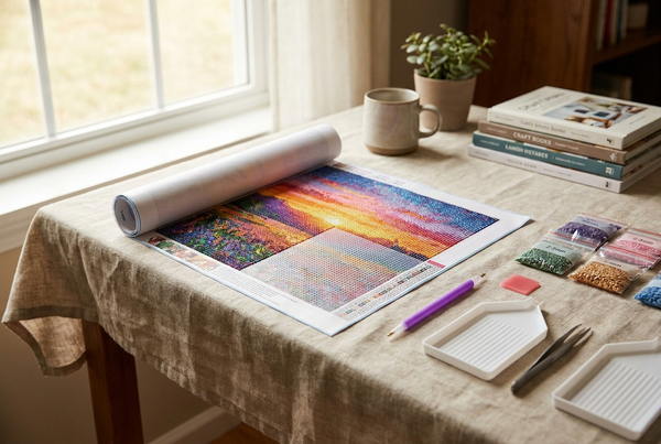 Custom diamond painting kit laid out with canvas, drills, applicator pen and sorting trays