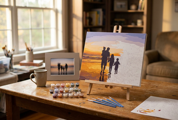 Custom family portrait paint by numbers canvas of a family on a beach at sunset