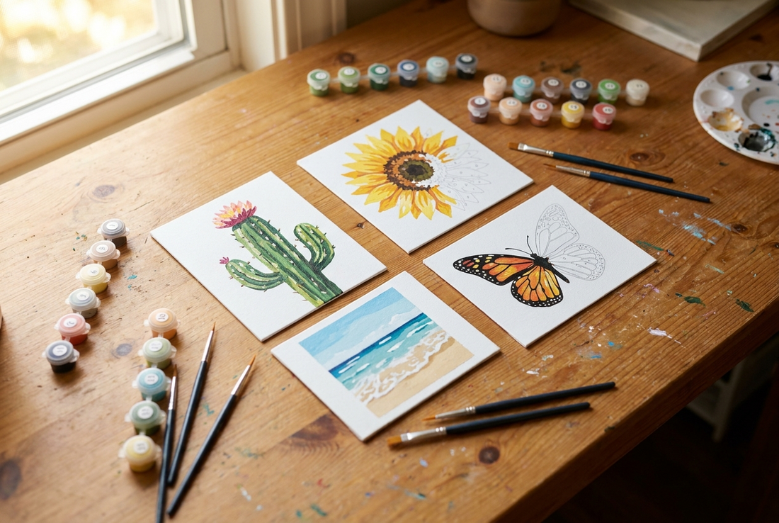 Mini paint by numbers kits arranged in a flat-lay with tiny paint pots and brushes