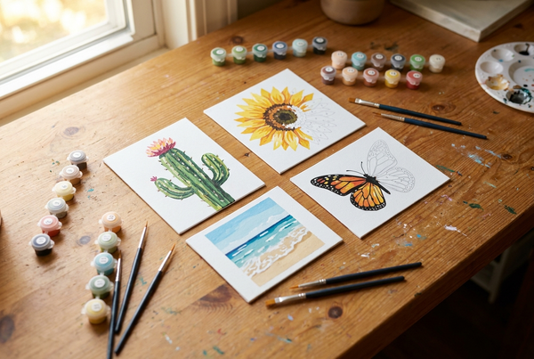 Mini paint by numbers kits arranged in a flat-lay with tiny paint pots and brushes