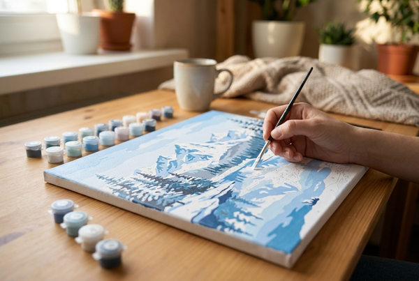 Mountain paint by numbers canvas of snow-capped alpine peaks reflected in a lake