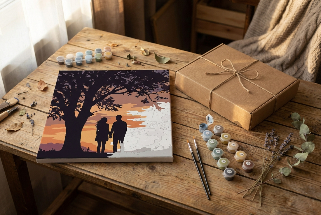 Custom paint by numbers gift kit with painted couple silhouette canvas and ribboned box